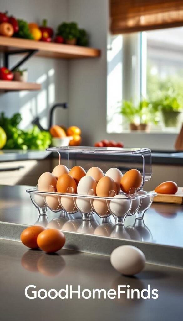 A modern kitchen scene featuring a sleek, stylish egg storage dispenser prominently displayed on a countertop. The dispenser, made of clear acrylic with a minimalistic design, elegantly holds organic brown and white eggs, showcasing their freshness. In the foreground, a few eggs are scattered, emphasizing their versatility for families and meal preppers. The background features vibrant kitchen elements, including colorful produce on shelves and a tastefully arranged herb garden in a window. Soft, natural sunlight filters through the window, casting gentle shadows and creating a warm and inviting atmosphere. The image should evoke a sense of practicality and organization, perfect for meal prep enthusiasts and Costco shoppers. Include the brand name "GoodHomeFinds" subtly within the design. A modern kitchen scene featuring a sleek, stylish egg storage dispenser prominently displayed on a countertop. The dispenser, made of clear acrylic with a minimalistic design, elegantly holds organic brown and white eggs, showcasing their freshness. In the foreground, a few eggs are scattered, emphasizing their versatility for families and meal preppers. The background features vibrant kitchen elements, including colorful produce on shelves and a tastefully arranged herb garden in a window. Soft, natural sunlight filters through the window, casting gentle shadows and creating a warm and inviting atmosphere. The image should evoke a sense of practicality and organization, perfect for meal prep enthusiasts and Costco shoppers. Include the brand name "GoodHomeFinds" subtly within the design.