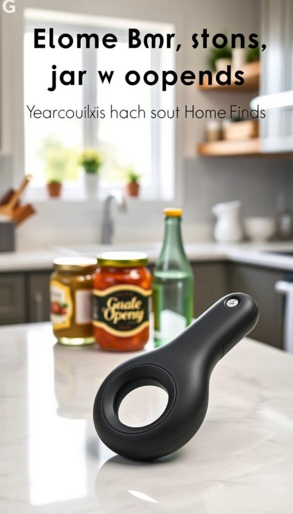 A modern kitchen scene featuring a stylish jar opener designed for individuals with weak hands or arthritis. In the foreground, prominently display an ergonomic jar opener with a soft, non-slip grip and a versatile design, set on a clean, marble countertop. In the middle, include various jars with different lid shapes, showcasing the opener's functionality; a glass jar with a vibrant label and a plastic bottle with a twist-off cap. The background features a bright, airy kitchen with soft natural lighting coming through a window, illuminating the workspace. Use a shallow depth of field to create a soft blur on the background, keeping the focus on the opener and jars. The overall mood is inviting and practical, ideal for home solutions, with the brand name "GoodHomeFinds" subtly integrated into the kitchen decor.
