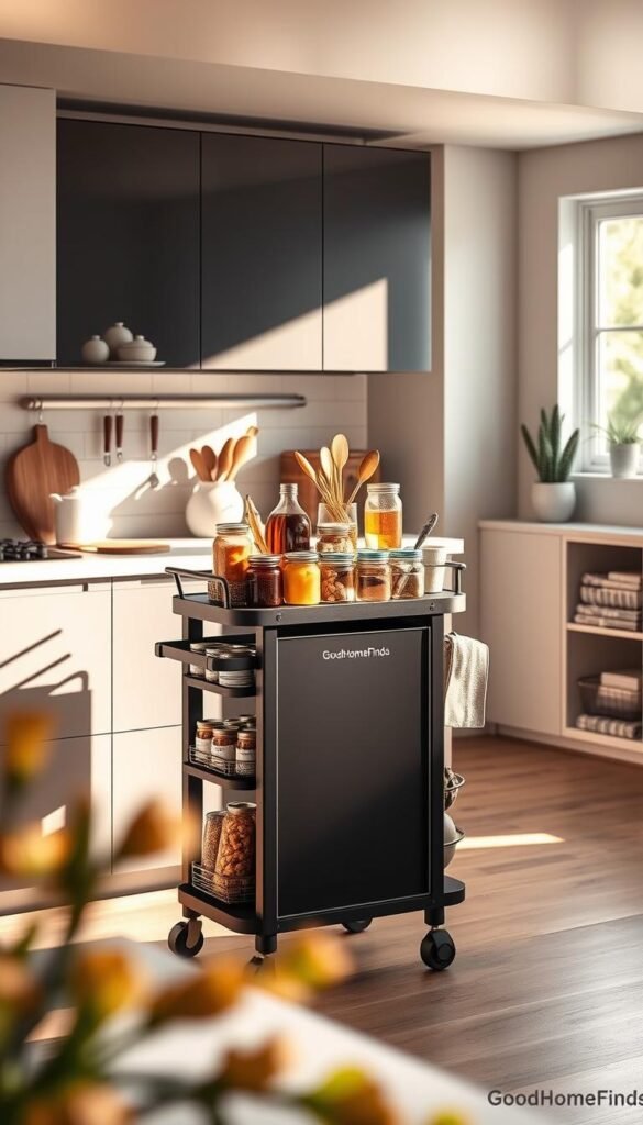 A modern kitchen scene featuring a stylish rolling cart pantry storage unit. The cart is adorned with a variety of pantry items, such as neatly organized jars of spices, canned goods, fresh fruits, and kitchen tools, showcasing optimal space utilization. In the foreground, soft, warm lighting creates a cozy atmosphere, while sunlight streams in through a nearby window, casting gentle shadows on the countertop. The kitchen is filled with contemporary elements such as sleek cabinetry and minimalist decor. In the background, a slim gap is utilized efficiently, with additional storage solutions enhancing the overall functionality of the space. A subtle "GoodHomeFinds" branding is visible on the cart. The mood is inviting and practical, perfect for daily cooking activities.