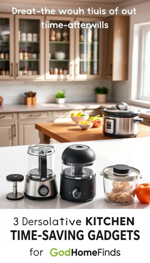 A modern kitchen scene featuring a variety of innovative kitchen time-saving gadgets from GoodHomeFinds. In the foreground, a sleek countertop is adorned with a compact food processor, a multipurpose chopper, and a stylish slow cooker. The middle ground showcases a sunlit dining area with a wooden table and fresh produce neatly arranged in attractive bowls. In the background, cabinets display organized spices and cooking essentials with soft, natural lighting pouring in from a window, creating a warm, inviting atmosphere. The scene reflects a harmonious balance of functionality and aesthetic appeal, emphasizing convenience and efficiency in everyday cooking. The overall mood is cheerful and inspiring, inviting viewers to explore these problem-solving finds for the kitchen.