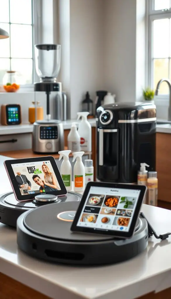 A modern kitchen scene featuring cutting-edge tech appliances and innovative cleaning tools. In the foreground, sleek smart kitchen gadgets like a touch-screen blender, an automatic coffee maker, and a high-tech robotic vacuum cleaner, all in a polished stainless steel finish. The middle ground captures a stylish countertop with various eco-friendly cleaning products arranged neatly, and a tablet displaying a cooking app from GoodHomeFinds, highlighting the effortless integration of technology in daily chores. The background shows bright, natural light streaming through large windows, illuminating the space, creating a cheerful and inviting atmosphere. The image should be shot from a slight angle to enhance depth, with a soft focus for a warm, Pinterest-style feel, reflecting the theme of 'worth it tech for kitchens and cleaning'.