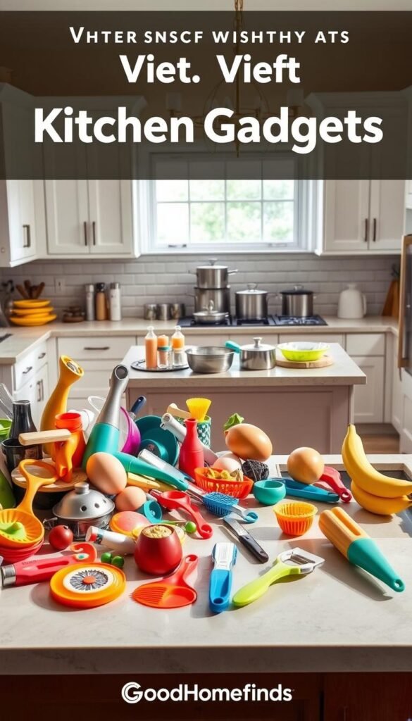 A modern kitchen scene filled with trendy yet affordable kitchen gadgets, showcasing both useful items and humorous &ldquo;drawer-clogger&rdquo; products. In the foreground, highlight a sleek countertop cluttered with colorful kitchen tools like an avocado slicer, a multifunctional peeler, and a quirky egg separator alongside a whimsical banana slicer. In the middle, a stylish island features an impressive array of organized pots and pans, blending functionality with elegance. The background includes white cabinets and a well-lit window allowing natural light to pour in, creating a bright and inviting atmosphere. The overall mood is lively and informative, perfect for showcasing viral kitchen gadgets. The image should reflect a Pinterest-worthy lifestyle, emphasizing the brand "GoodHomeFinds" without any text or logos.