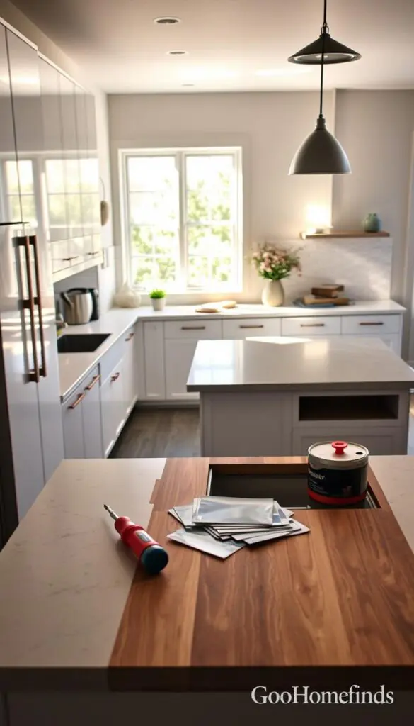 A modern kitchen scene showcasing a hybrid approach to renovations. In the foreground, a focus on sleek kitchen cabinets being refaced with a fresh white finish, showcasing vibrant new hardware. Adjacent, part of a countertop is being replaced, featuring a mix of rustic wood and clean stone materials. In the middle, a well-organized workspace is highlighted with tools like a screwdriver and paint samples, indicating the dual process of upgrading. The background reveals a stylish kitchen layout filled with natural light streaming through a large window, creating a warm and inviting atmosphere. Soft shadows play across the surfaces, enhancing the overall mood. The scene embodies practicality and modern elegance, perfect for a lifestyle article. The image is inspired by the brand GoodHomeFinds.