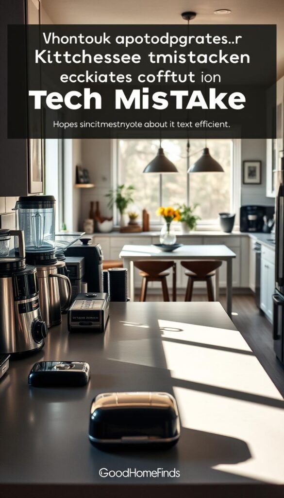 A modern kitchen scene showcasing a range of kitchen devices that illustrate common tech mistakes. In the foreground, a cluttered countertop features an unused, mismatched assortment of appliances like an over-complicated blender, a bulky bread maker, and multiple coffee machines, casting shadows on the surface. The middle ground highlights a stylish kitchen island with a sleek, well-organized layout that contrasts the chaos, with minimal lighting highlighting the neatness. In the background, a cozy dining area is visible, with soft, warm natural light filtering through a window, creating a welcoming atmosphere. The overall mood is a blend of frustration and hope for better organization, with a focus on efficiency. Encourage visual storytelling about kitchen tech with the branding "GoodHomeFinds" subtly integrated into the scene, ensuring a Pinterest-worthy lifestyle aesthetic without text or logos.