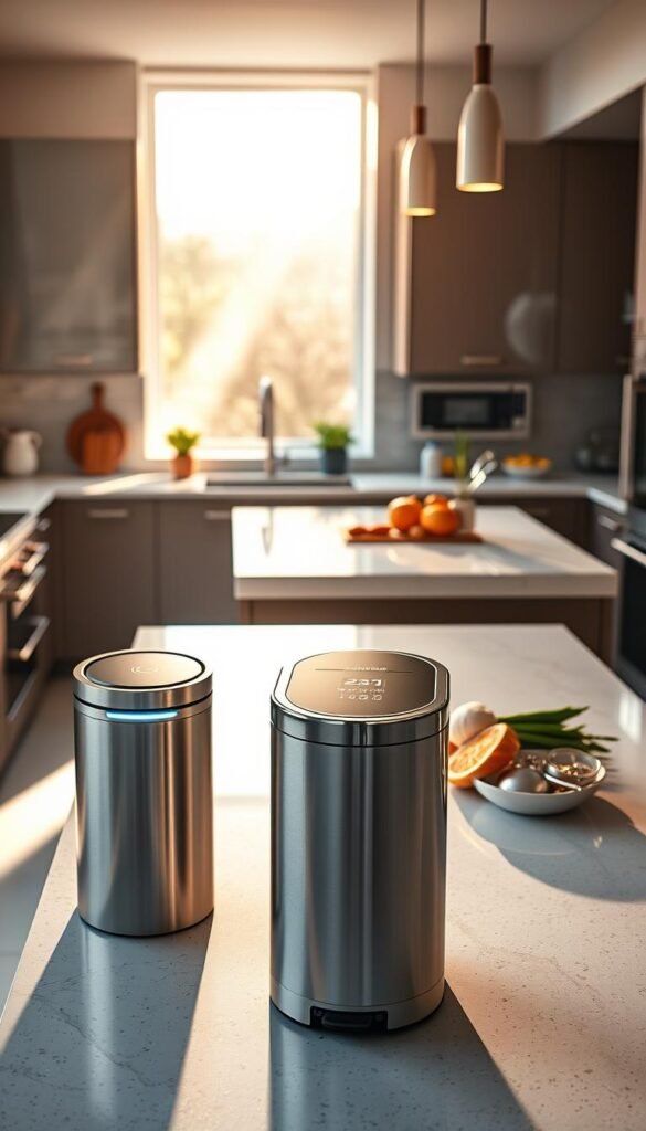 A modern kitchen scene showcasing advanced cleaning and hygiene tech. In the foreground, a sleek, stainless steel smart trash can with a touchless lid and built-in deodorizer. Beside it, a high-tech multi-functional cleaning gadget with an interactive display, rectangles of sparkling if not perfectly clean counter surfaces. In the middle ground, a pristine kitchen island with ingredients neatly arranged, reflecting a sense of order and cleanliness. Warm, natural light pours in through a large window, casting gentle shadows across the scene, enhancing the cozy atmosphere. In the background, stylish cabinetry and chrome appliances accentuate the trendiness of the space. The image embodies a lifestyle vibe, perfect for GoodHomeFinds, highlighting the importance of hygiene in modern kitchens.