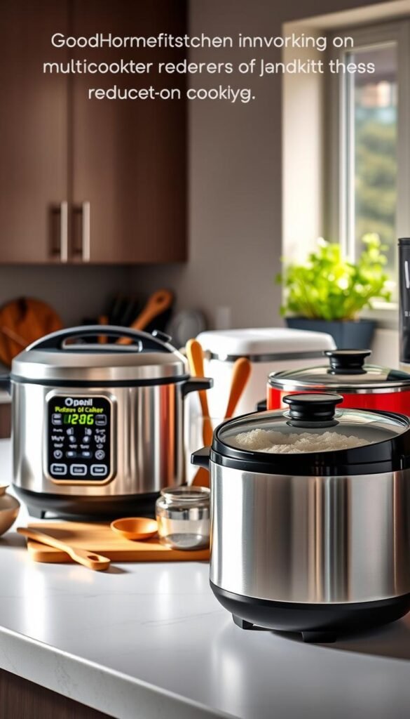 A modern kitchen scene showcasing an array of sleek rice cookers and multicookers from the brand "GoodHomeFinds." In the foreground, a shiny stainless-steel rice cooker with a digital display is prominently featured, while a colorful, programmable multicooker sits beside it. The middle ground includes various rice cooking accessories like measuring cups and a wooden spatula, suggesting a lived-in cooking space. In the background, soft natural light filters through a window, illuminating stylish kitchen cabinets and a small herb garden on the sill. The atmosphere is inviting and functional, highlighting innovation in kitchen technology that reduces hands-on cooking time. The image captures a Pinterest-style lifestyle vibe, inviting readers to explore these modern gadgets.