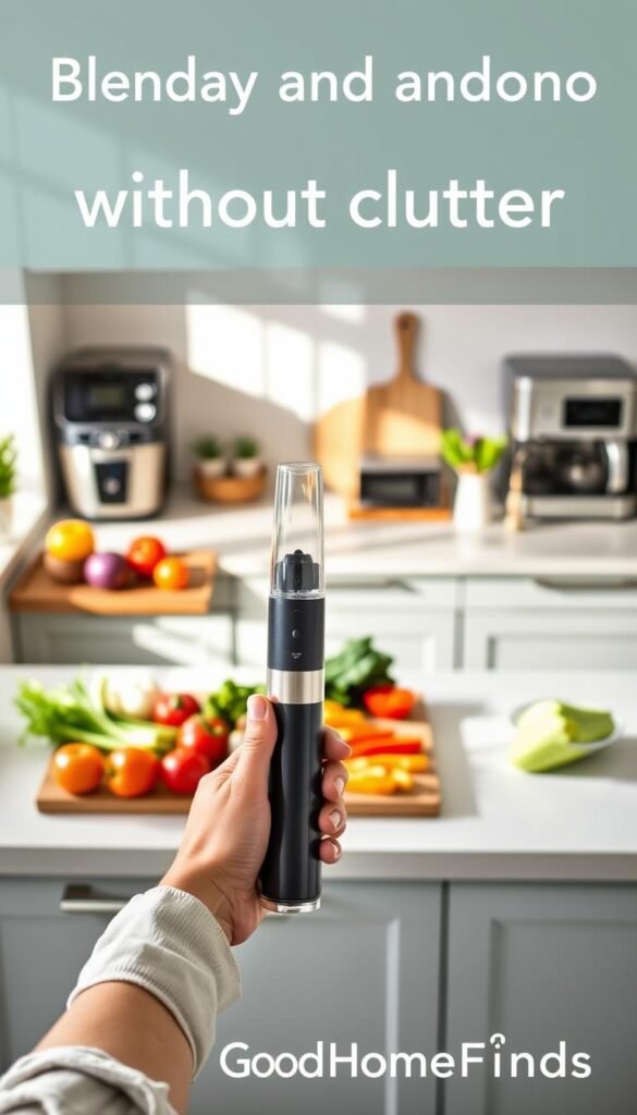 A modern kitchen scene showcasing an immersion blender in use, positioned prominently in the foreground, held by a person dressed in casual, modest clothing, with focused expression. In the middle ground, a fresh array of colorful vegetables awaits chopping, creating an inviting mess-free atmosphere. The background features sleek countertop appliances neatly arranged, highlighting the contrast between immersion options and traditional gadgets. Soft, natural light floods the room, emphasizing the vibrant colors of the ingredients, while a warm, homely vibe permeates the space. A cozy kitchen decor adds to the aesthetic, symbolizing practicality and efficiency. This image embodies the essence of "Blending and chopping without clutter." Produced for the brand "GoodHomeFinds."