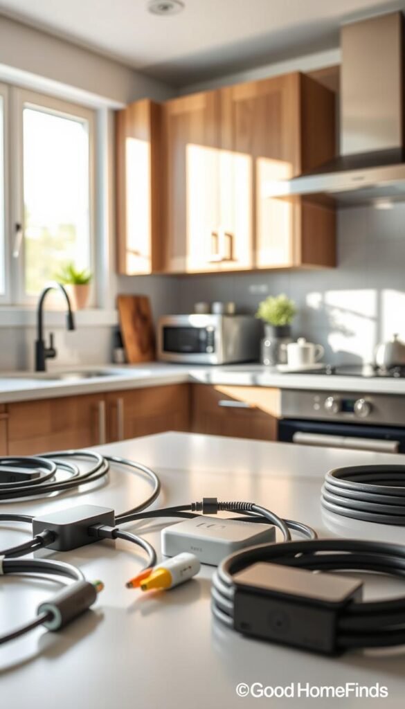 A modern kitchen scene showcasing effective cable organization. In the foreground, sleek cable management solutions like cord clips and cable boxes are neatly arranged, with various cables tidily secured and color-coded. The middle ground features a stylish kitchen countertop, well-lit by soft, natural light streaming in from a window, revealing a clean and functional kitchen space with wooden cabinetry. The background includes a glimpse of organized appliances and a small potted plant for a touch of greenery. The overall mood is fresh and airy, promoting a sense of order and efficiency, perfect for a lifestyle photo in the style of "GoodHomeFinds."