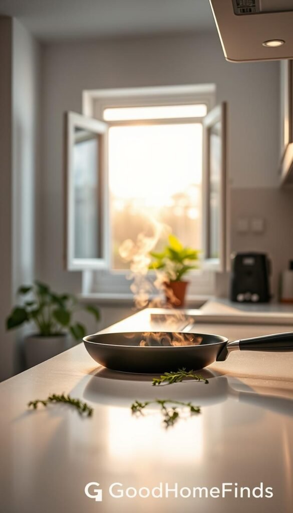 A modern kitchen scene showcasing the aftermath of frying or saut&eacute;ing. In the foreground, a sleek white countertop holds a frying pan, with a few sprigs of herbs scattered aesthetically beside it. The middle layer features an open window allowing soft, warm daylight to filter in, creating a welcoming atmosphere. Wisps of evaporating steam rise gently, symbolizing lingering odors. In the background, a potted plant adds a touch of green and vitality, while a stylish exhaust hood suggests ventilation tactics. The overall mood is cozy yet airy, reminiscent of a homey apartment environment. Photographed with a shallow depth of field to emphasize the kitchen details, capturing the serenity of a post-cooking reset. GoodHomeFinds branding subtly suggested through the aesthetic design elements.