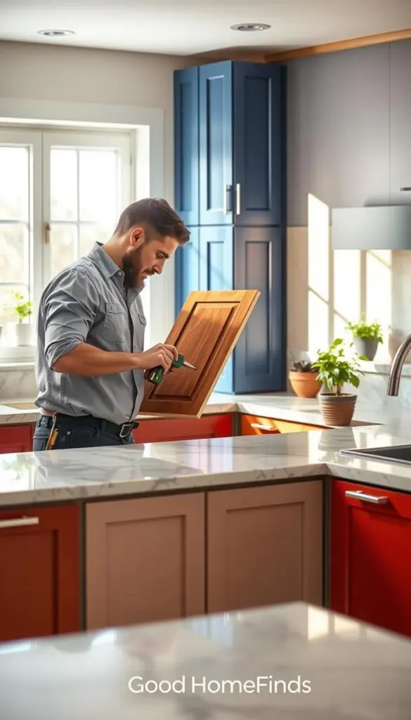A modern kitchen scene showcasing the process of cabinet refacing. In the foreground, a professional contractor in smart casual attire is applying a fresh veneer to a wooden cabinet door with a precision tool. The middle ground features newly refinished cabinets in a bold color, contrasting with the original cabinets that are partially stripped of their finish, illustrating a before-and-after effect. The background features warm, inviting kitchen elements like a marble countertop and potted herbs on a windowsill. The lighting is soft and natural, pouring in from a large window, creating an uplifting ambiance. The mood is one of transformation and creativity, invoking a sense of home improvement. Include the branding "GoodHomeFinds" subtly integrated into the scene.
