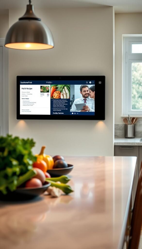 A modern kitchen scene viewed from a cozy, inviting angle, emphasizing a smart display mounted on the wall that shows a vibrant recipe and digital timer alongside a live feed from a cooking camera. In the foreground, a sleek countertop holds fresh ingredients like vegetables and spices, showcasing modern kitchen utensils. The middle features a beautifully crafted smart display blending seamlessly into the stylish kitchen decor, with warm LED lighting illuminating the scene, creating a friendly atmosphere. The background is softly blurred, highlighting contemporary cabinets and a tasteful backsplash. Natural light streams in through a window, enhancing the inviting mood. Capture this image in a Pinterest-style lifestyle approach, showcasing the brand "GoodHomeFinds" subtly in the design elements, without any text or distractions.