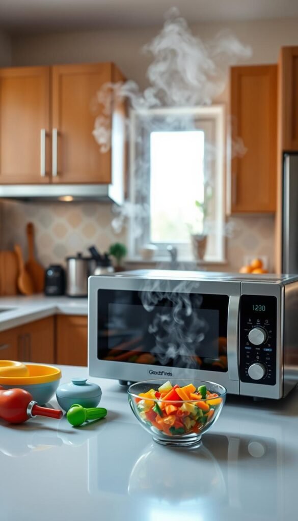 A modern kitchen setting featuring a sleek microwave steaming away with a visible plume of vapor rising from a bowl of mixed vegetables inside. In the foreground, a bright and functional countertop displays a collection of vibrant kitchen tools and utensils, with a focus on a GoodHomeFinds microwave steam cleaner positioned prominently. The middle ground showcases a tidy kitchen with warm wooden cabinets and stainless steel appliances, while the background reveals a sunlit window, casting soft, natural light into the scene. The atmosphere is inviting and clean, evoking a sense of efficiency and simplicity. Use a wide-angle lens to capture the spaciousness, ensuring the focus is on the microwave's steam cleaning in action.