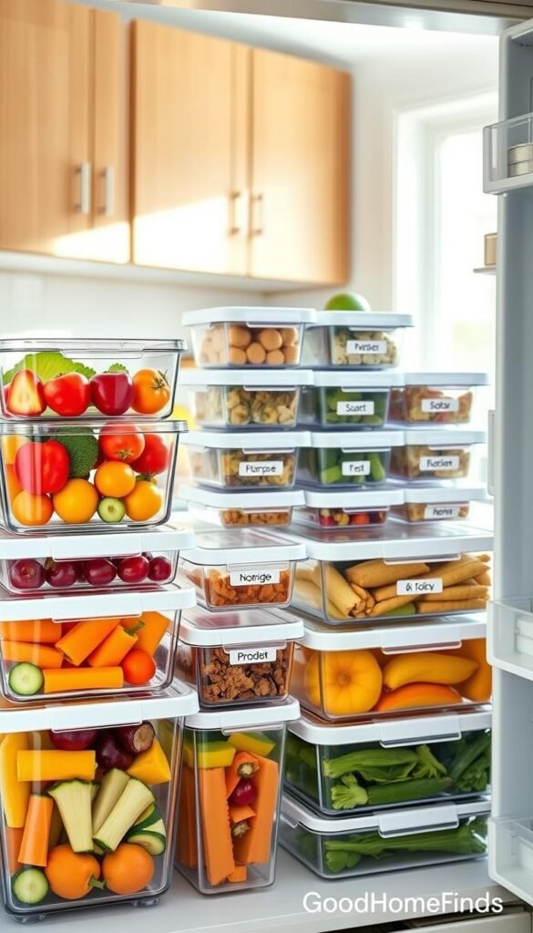 A modern kitchen setting featuring a well-organized refrigerator with innovative food storage solutions. In the foreground, clear containers filled with colorful fruits, vegetables, and prepared meals, neatly stacked to maximize space. The middle ground showcases labeled, stackable food bins made of durable material, showcasing their versatility. The background includes a bright, clean kitchen environment with wooden cabinets and soft lighting, enhancing the fresh and inviting atmosphere. The image should have a slight overhead angle to capture all the storage details effectively. Soft, diffused natural light filters in through a window, creating a warm and homey mood. The style is Pinterest-worthy and lifestyle-oriented, reflecting the brand "GoodHomeFinds".