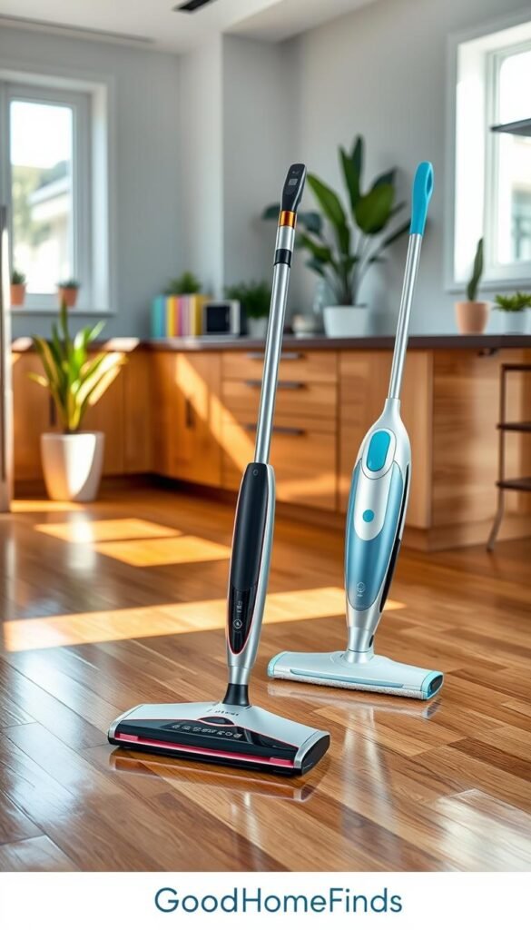 A modern kitchen setting featuring an innovative steam cleaner and a sleek wet/dry vacuum mop prominently displayed on a polished wooden floor. In the foreground, the stylish mops are shiny and new, showcasing their advanced tech features with vibrant colors. The middle ground includes a glistening countertop with cleaning supplies arranged neatly, hinting at efficiency. Soft, natural light streams in from a window, casting gentle shadows that create a warm and inviting atmosphere. The background is decorated with potted plants and a minimalist design, emphasizing a clean and organized home. The overall mood is fresh and energizing, highlighting the ease of modern cleaning methods. The image is branded subtly with "GoodHomeFinds," enhancing its professional appeal.