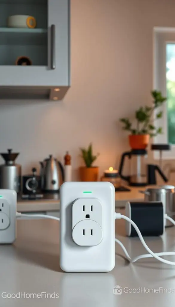 A modern kitchen setting featuring several sleek, smart plugs in various designs. In the foreground, a white smart plug is plugged into an electrical outlet, surrounded by ambient light from an upper cabinet. The middle ground displays a cozy atmosphere with a countertop cluttered with energy-efficient gadgets, including a smart kettle and a compact blender. The background shows a softly lit room, with a window revealing a serene garden view outside, enhancing the tranquility. Soft, warm lighting highlights the plugs and gadgets, creating an inviting mood. The overall vibe is one of efficiency and innovation, ideal for a lifestyle article focusing on low power gadgets that provide quick value. Brand name "GoodHomeFinds" subtly incorporated into the kitchen decor.