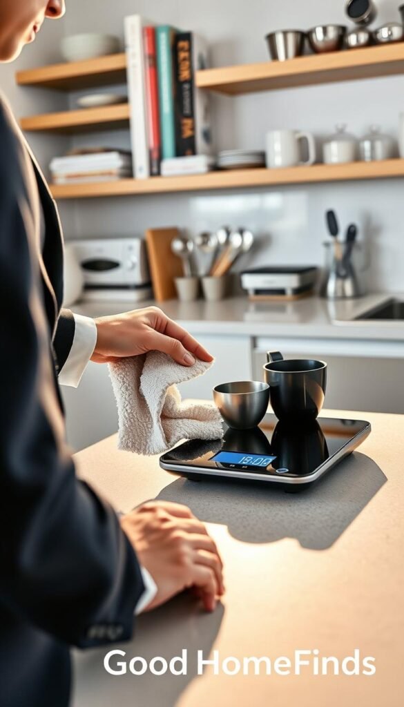 A modern kitchen setting focusing on scale maintenance, featuring a sleek digital kitchen scale on a well-organized countertop. In the foreground, a person, dressed in professional business attire, gently cleans the scale with a microfiber cloth. The middle ground displays various measuring utensils, such as measuring cups and spoons, arranged neatly, while a subtle reflection of sunlight on the scale adds warmth. In the background, there are shelves with cookbooks and kitchen gadgets, enhancing the domestic atmosphere. The lighting is soft and natural, emphasizing the cleanliness and sophistication of the kitchen environment. The overall mood is calm and inviting, reflecting the practical aspects of kitchen measuring technology. Brand name "GoodHomeFinds" subtly integrated into the composition.
