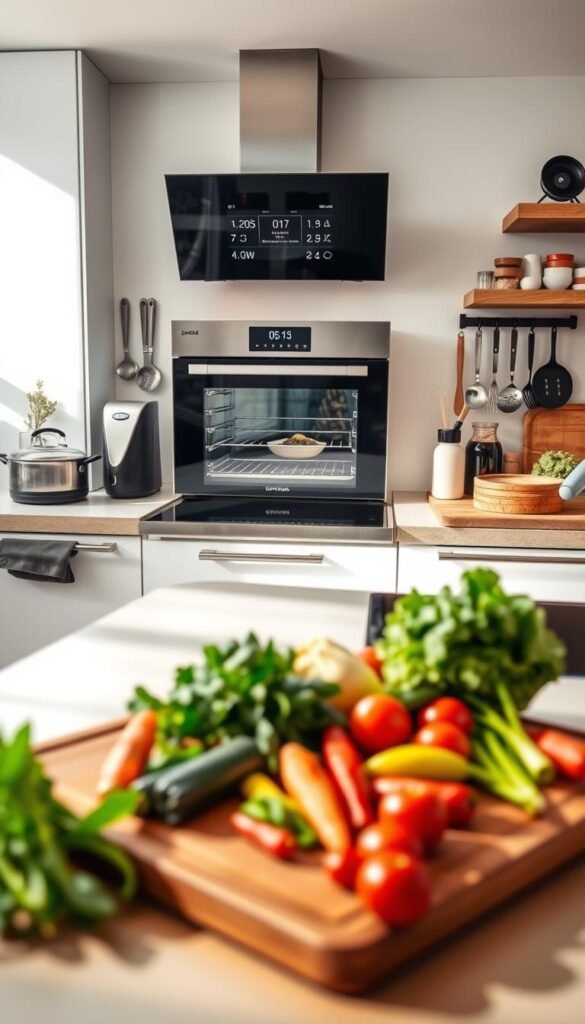 A modern kitchen setup featuring a sleek, smart cooking area equipped with the latest kitchen tech gadgets from GoodHomeFinds. In the foreground, showcase a beautifully arranged wooden cutting board with vibrant, fresh vegetables and colorful spices, inviting healthy cooking. In the middle, highlight a state-of-the-art smart oven displaying intuitive controls, surrounded by stylish kitchen tools and gadgets. The background features sunlit countertops with a minimalist design, emphasizing a clean and organized look. Use soft, warm lighting to create an inviting atmosphere, and capture the scene from a slightly elevated angle to emphasize the gadgets in use. The overall mood should convey efficiency, innovation, and the joy of cooking in a smarter kitchen.