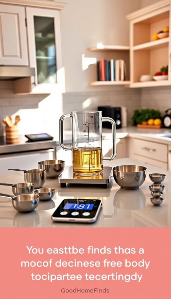 A modern kitchen setup showcasing various measuring tools in a well-lit, inviting atmosphere. In the foreground, a sleek digital kitchen scale sits on a polished countertop, surrounded by measuring cups and spoons arranged neatly. In the middle, a stylish jug filled with liquid is being measured, with a timer and smartphone visible, emphasizing the setup time. The background features soft-colored cabinets and open shelves displaying a few neatly stacked cookbooks and fresh ingredients, adding warmth. The lighting is bright and natural, creating a cozy ambiance, with sunlight streaming through a window. The scene conveys efficiency and preparation, embodying the spirit of "GoodHomeFinds," ideal for motivating readers to embrace kitchen technology.