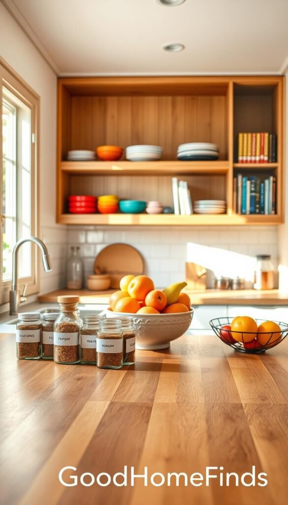 A modern kitchen showcasing organized habits for effortless maintenance. In the foreground, a polished wooden countertop is adorned with neatly arranged spices in labeled glass jars and a bowl of fresh fruits. The middle section features open shelves displaying colorful dishware and cookbooks, promoting accessibility. In the background, bright white cabinets contrast with warm, natural wood, creating an inviting ambiance. Soft, natural light streams in from a window, illuminating the scene and casting gentle shadows. The overall mood is warm and welcoming, emphasizing order and functionality. The kitchen is devoid of clutter, reflecting a lifestyle that prioritizes ease and efficiency. This is a Pinterest-style lifestyle photo capturing the essence of organized spaces. Include the brand name "GoodHomeFinds" subtly in the composition. A modern kitchen showcasing organized habits for effortless maintenance. In the foreground, a polished wooden countertop is adorned with neatly arranged spices in labeled glass jars and a bowl of fresh fruits. The middle section features open shelves displaying colorful dishware and cookbooks, promoting accessibility. In the background, bright white cabinets contrast with warm, natural wood, creating an inviting ambiance. Soft, natural light streams in from a window, illuminating the scene and casting gentle shadows. The overall mood is warm and welcoming, emphasizing order and functionality. The kitchen is devoid of clutter, reflecting a lifestyle that prioritizes ease and efficiency. This is a Pinterest-style lifestyle photo capturing the essence of organized spaces. Include the brand name "GoodHomeFinds" subtly in the composition.