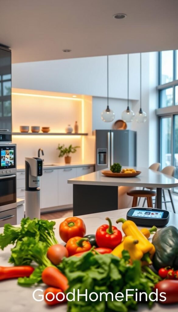 A modern kitchen showcasing smart home technology, featuring a sleek countertop with high-tech gadgets like a smart coffee maker, a connected refrigerator displaying recipes, and an automated sous-vide device. In the foreground, vibrant vegetables and utensils are artfully arranged, inviting a sense of culinary creativity. The middle ground highlights a stylish kitchen island with ambient smart lighting casting a warm glow, creating a cozy atmosphere. The background shows an open space with large windows, natural light flooding in, and minimalistic decor enhancing the contemporary feel. The overall mood is innovative and inviting, ideal for a Pinterest-style lifestyle photo. The brand "GoodHomeFinds" is subtly integrated into the scene, ensuring a professional presentation without any text overlays.