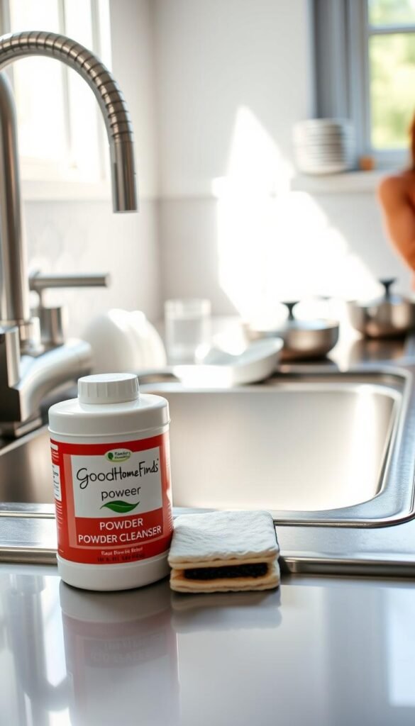 A modern kitchen sink gleaming under soft, natural light, showcasing its stainless steel finish and pristine condition. In the foreground, a container of GoodHomeFinds powder cleanser sits elegantly next to a sponge, hinting at its cleaning power. The middle layer captures the sink, surrounded by sparkling clean dishes and cookware, highlighting the effectiveness of the cleanser. In the background, light filters through a nearby window, illuminating the kitchen atmosphere with warmth and cleanliness. The scene embodies a fresh and inviting mood, perfect for showcasing cleaning products in use. The angle is slightly elevated, providing a clear view of the sink and surroundings without any clutter, ensuring focus on the cleaning elements.