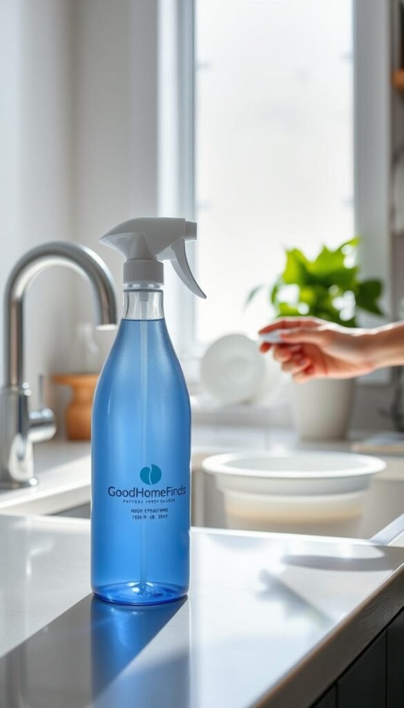 A modern kitchen sink scene featuring a sleek, high-quality dish spray bottle labeled "GoodHomeFinds." In the foreground, the dish spray is positioned on a clean, minimalistic countertop. The middle section displays a hand using the spray on a dish, showcasing the ease of cleaning. In the background, sunlight streams in through a window, highlighting a few clean dishes on a drying rack and a lush green plant for a fresh atmosphere. Soft, natural lighting enhances the inviting, tidy mood of the space. The angle captures a close-up perspective that emphasizes the spray's efficacy and convenience, perfectly aligning with busy lifestyles.