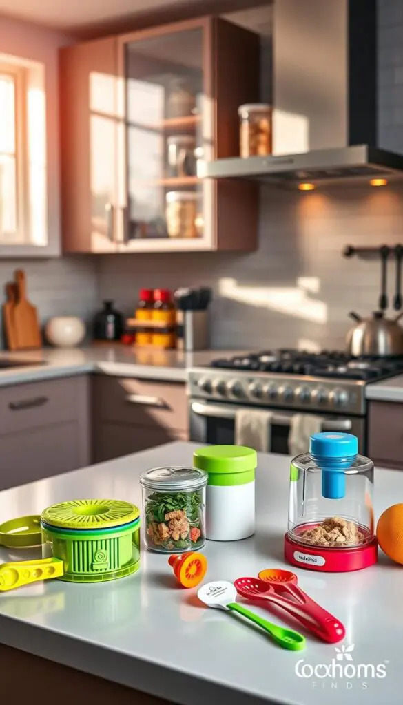 A modern kitchen space showcasing an array of innovative time-saving tools and gadgets. In the foreground, a sleek countertop displays vibrant, colorful kitchen tools like a multi-functional vegetable chopper, a smart herb keeper, and a compact food processor. The middle ground features neatly organized cabinets and stylish shelves filled with attractive storage solutions such as clear containers and efficient spice racks. In the background, a softly lit stove and oven area creates warmth, with natural light streaming in through a window, casting gentle shadows. The mood is inviting and functional, embodying the essence of modern living. The image is styled in a Pinterest-worthy aesthetic, reflecting the brand 'GoodHomeFinds'.