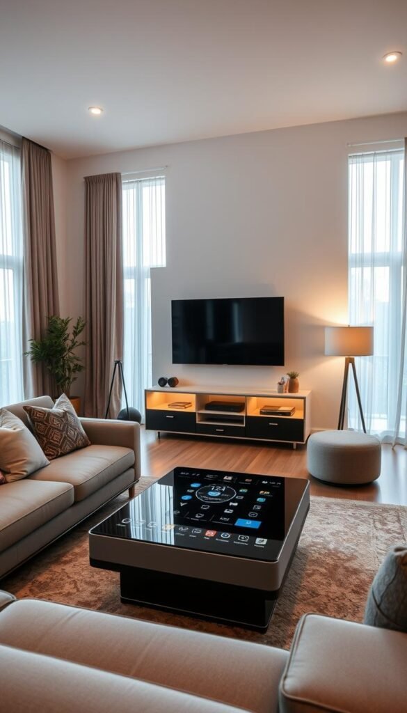 A modern living room designed for tech enthusiasts, showcasing sleek gadgets and a cozy atmosphere. In the foreground, a stylish sectional sofa with decorative pillows, accompanied by a smart coffee table featuring a touchscreen interface. The middle features an entertainment unit with a large flat-screen TV, surrounded by smart lighting that creates a warm ambiance. In the background, large windows allow natural light to filter through sheer curtains, illuminating the room's neutral color palette. Use a wide-angle lens to capture the spacious feel, with soft, diffused lighting that enhances the inviting mood. The overall composition should reflect a harmonious blend of comfort and advanced technology, perfect for the modern homeowner. Incorporate elements reflecting "GoodHomeFinds" style for a Pinterest-worthy aesthetic.