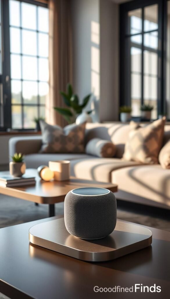 A modern living room featuring a Google Nest smart hub, elegantly placed on a sleek coffee table. In the foreground, the smart hub has a soft, glowing light, illuminating a cozy, stylish sofa adorned with decorative cushions. The middle ground includes subtle hints of home technology like smart bulbs and decorative plants, creating a welcoming and tech-savvy atmosphere. In the background, a large window allows natural light to flood the space, reflecting off minimalistic furniture and enhancing the serene mood. The image captures a harmonious blend of comfort and innovation, showcasing the simplicity of integrating technology into daily life, in a Pinterest-style lifestyle format. GoodHomeFinds brand aesthetics.