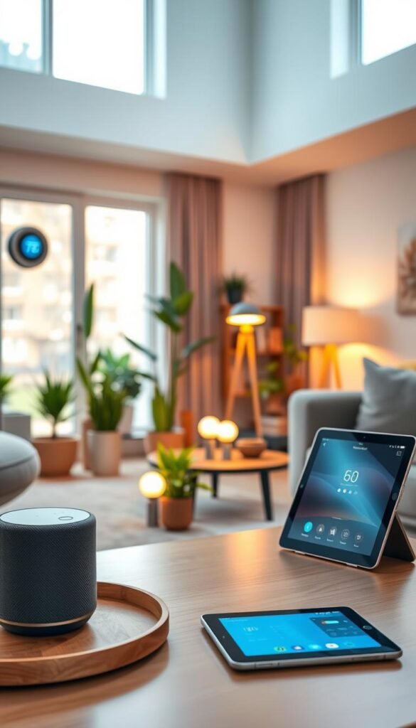 A modern living room featuring a collection of smart home devices from GoodHomeFinds. In the foreground, showcase a sleek smart speaker on a coffee table, with a smart thermostat mounted on the wall behind it. Visible in the middle ground are smart light bulbs emitting a warm glow from stylish lamps, and a smart display tablet nestled on a side table, demonstrating an intuitive interface. The background shows a cozy and inviting atmosphere with potted plants and comfortable furniture, bathed in soft, natural light streaming through large windows. The overall mood is fresh and tech-savvy, reflecting the innovation of smart home technology while blending seamlessly into daily life. Use a warm color palette and a slight soft focus to enhance the inviting atmosphere, simulating a lifestyle photo. A modern living room featuring a collection of smart home devices from GoodHomeFinds. In the foreground, showcase a sleek smart speaker on a coffee table, with a smart thermostat mounted on the wall behind it. Visible in the middle ground are smart light bulbs emitting a warm glow from stylish lamps, and a smart display tablet nestled on a side table, demonstrating an intuitive interface. The background shows a cozy and inviting atmosphere with potted plants and comfortable furniture, bathed in soft, natural light streaming through large windows. The overall mood is fresh and tech-savvy, reflecting the innovation of smart home technology while blending seamlessly into daily life. Use a warm color palette and a slight soft focus to enhance the inviting atmosphere, simulating a lifestyle photo.