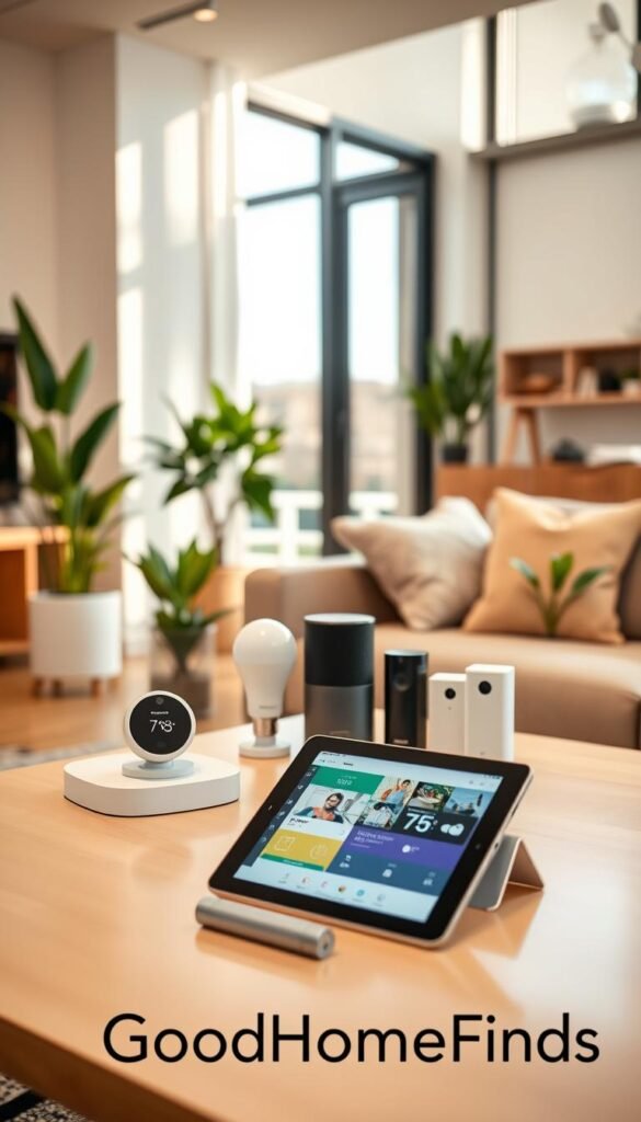 A modern living room featuring a range of smart home devices suitable for renters, showcasing a smart thermostat, smart light bulbs, a wireless speaker, and a smart doorbell prominently on a stylish shelf. In the foreground, a sleek coffee table holds a tablet displaying a home automation app. The middle ground exhibits a cozy couch and potted plants, creating an inviting atmosphere, while in the background, soft natural light filters through large windows, highlighting the contemporary decor. Use a wide-angle lens for a spacious feel, and ensure warm, ambient lighting evokes a sense of comfort and innovation. The vibe is stylish and welcoming, perfect for renters interested in modern technology. Include a subtle branding element of "GoodHomeFinds" in the composition.