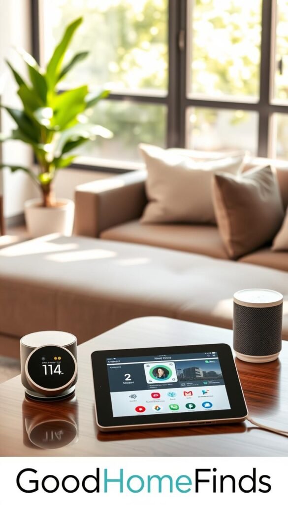 A modern living room featuring a sleek smart home setup, showcasing various smart devices like a connected thermostat, smart lighting, and a smart speaker. In the foreground, a stylish coffee table adorned with a tablet displaying a smart home app interface. The middle ground captures a comfortable sofa with subtle smart technology, such as integrated charging ports. The background reveals a large window with natural sunlight spilling in, illuminating greenery from outside, creating a warm and inviting atmosphere. The overall vibe is sophisticated yet cozy, reflecting contemporary living. The image should embody a Pinterest-inspired aesthetic, emphasizing functionality and modern design, branded with "GoodHomeFinds" subtly incorporated within the scene. Use soft, diffused lighting, focusing on angles that highlight the devices in action.