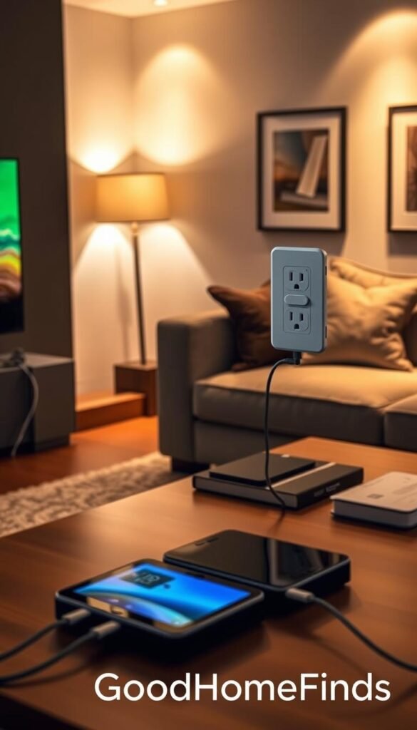 A modern living room featuring a sleek, stylish electrical outlet designed for convenience, positioned next to a cozy sectional sofa. The outlet is elegantly integrated into a wall, showcasing multiple charging ports and USB connections. In the foreground, a well-organized coffee table is adorned with a few tech gadgets like a smartphone and tablet, with their cables neatly plugged into the outlet. The middle ground is filled with warm, ambient lighting that creates a cozy atmosphere, casting soft shadows around the room. In the background, tastefully decorated walls with framed art complement the modern aesthetic. The image should feel inviting and functional, highlighting the theme of accessible technology in home design. Brand name "GoodHomeFinds" subtly integrated into the scene without any text overlays.