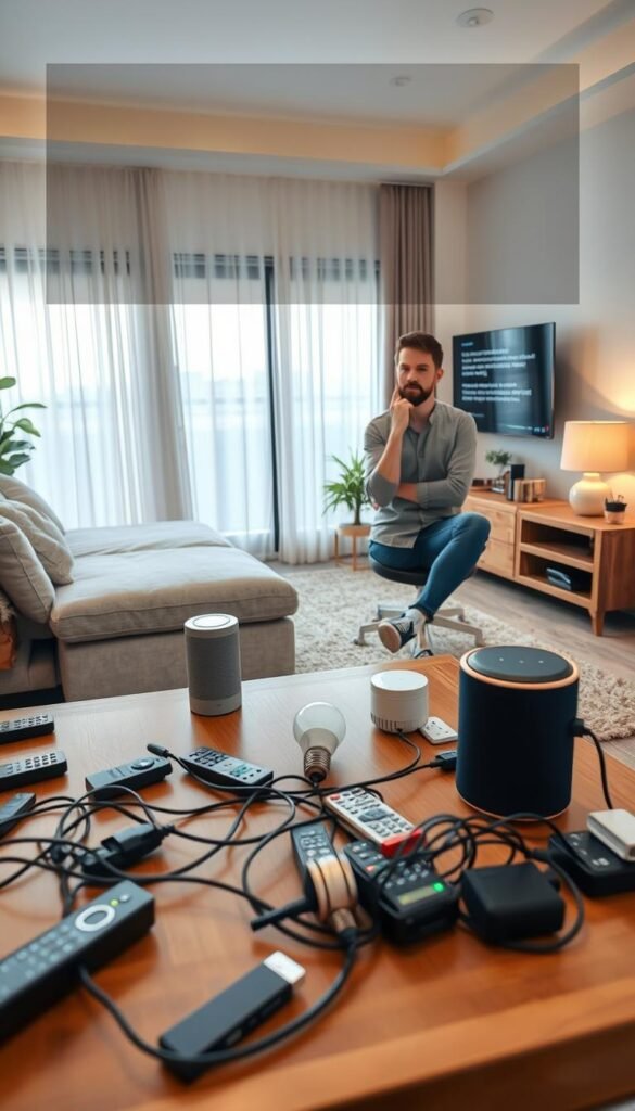 A modern living room featuring a smart home setup, illustrating common mistakes that can lead to a disjointed experience. In the foreground, a cluttered coffee table with multiple remote controls, tangled charging cables, and mismatched smart devices. In the middle, a smart speaker and a malfunctioning smart light bulb flickering, with an exasperated person in modest casual clothing, looking confused as they try to reprogram a smart thermostat. The background showcases a stylish, well-lit room with smart curtains and a large TV, slightly misconfigured, depicting diagnostic error messages. Use soft, diffused lighting to create an inviting atmosphere, captured from a slightly elevated angle to emphasize the living space's layout. Ideal for a Pinterest-style lifestyle aesthetic. GoodHomeFinds. A modern living room featuring a smart home setup, illustrating common mistakes that can lead to a disjointed experience. In the foreground, a cluttered coffee table with multiple remote controls, tangled charging cables, and mismatched smart devices. In the middle, a smart speaker and a malfunctioning smart light bulb flickering, with an exasperated person in modest casual clothing, looking confused as they try to reprogram a smart thermostat. The background showcases a stylish, well-lit room with smart curtains and a large TV, slightly misconfigured, depicting diagnostic error messages. Use soft, diffused lighting to create an inviting atmosphere, captured from a slightly elevated angle to emphasize the living space's layout. Ideal for a Pinterest-style lifestyle aesthetic. GoodHomeFinds.