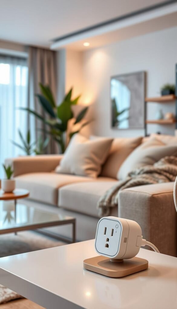 A modern living room featuring a stylish "GoodHomeFinds" noise levels smart plug prominently placed on a sleek, minimalist side table. In the foreground, the plug is highlighted, showcasing its innovative design with a soft glowing indicator light. In the middle ground, a cozy sofa with neutral tones invites comfort, adorned with plush pillows and a throw blanket, suggesting tranquility. The background reveals a softly lit, contemporary space with house plants and a warm ambiance created by natural light streaming through large windows. The overall mood is serene and inviting, emphasizing daily comfort and the seamless integration of technology into home life, captured with a warm, inviting color palette and a soft focus to enhance the lifestyle feel.
