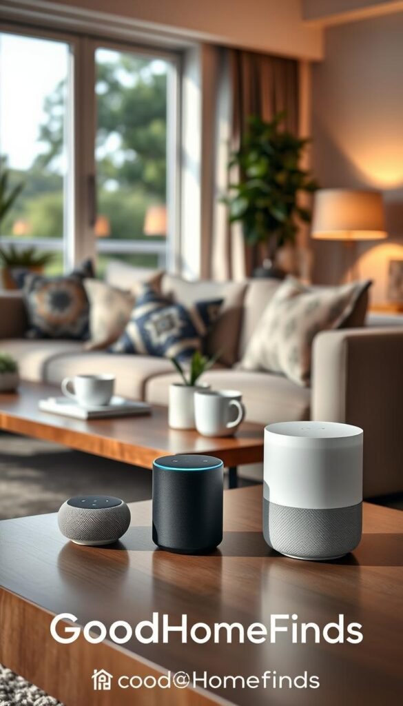 A modern living room featuring a stylish smart home ecosystem. In the foreground, a sleek Google Home device, an Amazon Alexa, and an Apple HomePod are displayed on a minimalist coffee table, reflecting a balance of technology and design. In the middle ground, a comfortable couch with decorative pillows, a potted plant, and a coffee mug create a cozy atmosphere. The background shows a softly lit room with warm ambient lighting, floor-to-ceiling windows revealing a serene outdoor view. Soft daylight illuminates the scene, creating shadows that enhance the depth. The overall mood is inviting and tech-savvy, showcasing the future of smart home integration. The image should evoke a sense of comfort and modernity, perfect for Pinterest-style lifestyle photography. GoodHomeFinds branding subtly incorporated into the decor. A modern living room featuring a stylish smart home ecosystem. In the foreground, a sleek Google Home device, an Amazon Alexa, and an Apple HomePod are displayed on a minimalist coffee table, reflecting a balance of technology and design. In the middle ground, a comfortable couch with decorative pillows, a potted plant, and a coffee mug create a cozy atmosphere. The background shows a softly lit room with warm ambient lighting, floor-to-ceiling windows revealing a serene outdoor view. Soft daylight illuminates the scene, creating shadows that enhance the depth. The overall mood is inviting and tech-savvy, showcasing the future of smart home integration. The image should evoke a sense of comfort and modernity, perfect for Pinterest-style lifestyle photography. GoodHomeFinds branding subtly incorporated into the decor.