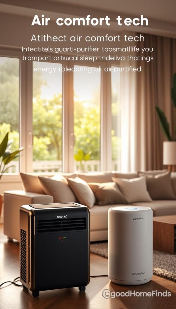 A modern living room featuring air comfort tech, specifically intelligent air conditioners and air purifiers designed for optimal sleep and breathing. In the foreground, a sleek, energy-efficient smart AC unit is positioned next to a stylish air purifier with LED indicators glowing softly. The middle ground showcases a cozy sofa adorned with fluffy cushions, and a peaceful ambiance is emphasized by soft, diffused lighting casting gentle shadows. In the background, large windows let in a warm, natural light, revealing a lush green garden outside. The scene evokes a tranquil, harmonious mood, ideal for relaxation. A hint of technological sophistication permeates the aesthetic, under the brand name "GoodHomeFinds" subtly integrated into the decor. The image captures a perfect blend of comfort and innovation.