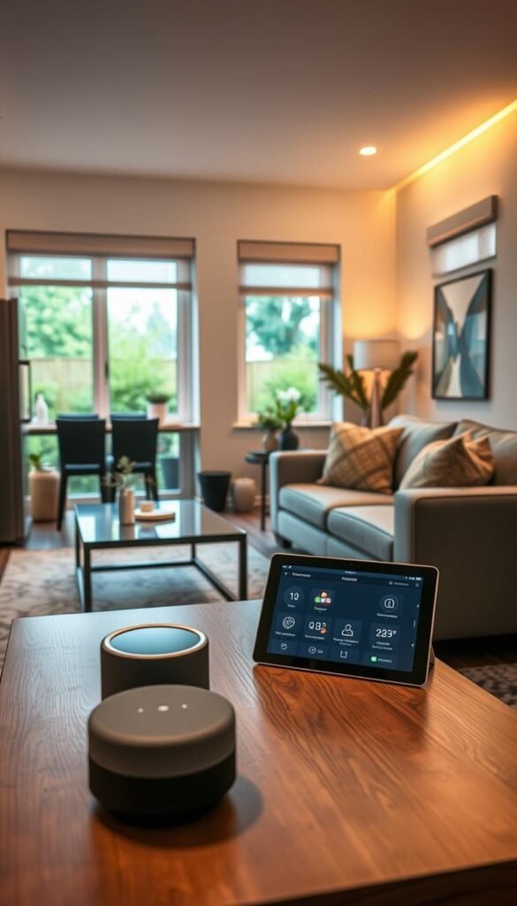 A modern living room featuring smart home technology, designed for usability and comfort. In the foreground, a stylish coffee table with voice-activated smart speakers and a sleek tablet displaying home control features. In the middle ground, a comfortable sofa with smart lighting options above, casting warm light that enhances the cozy atmosphere. Large windows reveal a green outdoor space, creating a seamless connection between indoor and outdoor living. The room is furnished with smart appliances, like a state-of-the-art refrigerator and automated window blinds, contributing to a contemporary feel. Use a warm color palette to evoke a welcoming and efficient vibe. The scene captures a space where technology feels integrated and intuitive, showcasing "GoodHomeFinds" aesthetics in a Pinterest-style lifestyle setting.