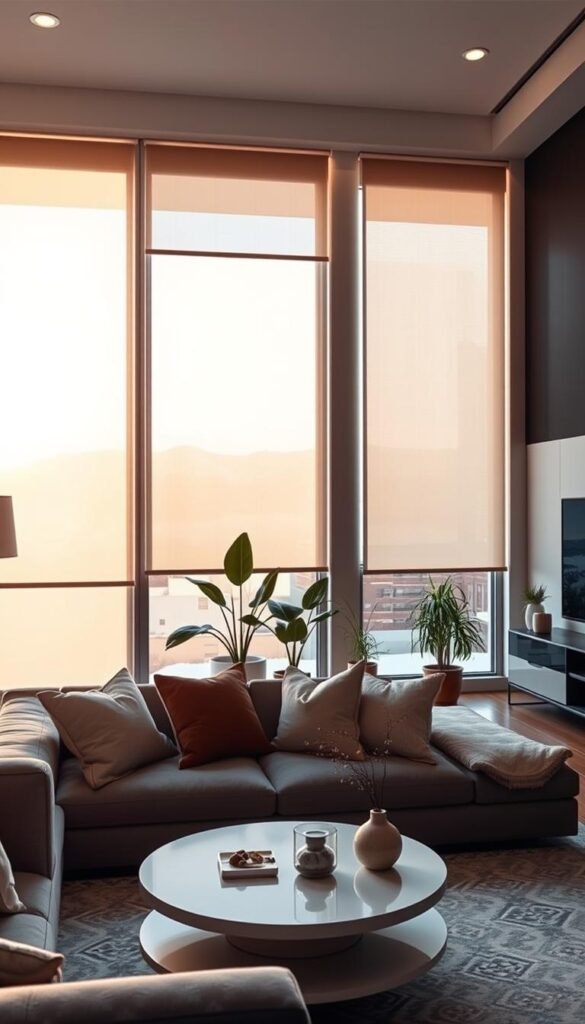 A modern living room featuring stylish smart blinds and shades, designed for optimal privacy, glare reduction, and cooling. In the foreground, a cozy sofa with plush cushions and a minimalist coffee table adorned with a few elegant decor pieces. The middle ground showcases large windows, elegantly draped with the smart blinds, partly open to let soft, natural daylight flood in, creating a warm ambiance. The background reveals a tastefully decorated space with potted plants and a sleek media console. The lighting is soft and diffused, enhancing the serene atmosphere. Shot with a wide-angle lens, aiming for a slight upward angle to capture the height of the room. The overall mood is contemporary and inviting, representing the perfect harmony of technology and design. GoodHomeFinds.