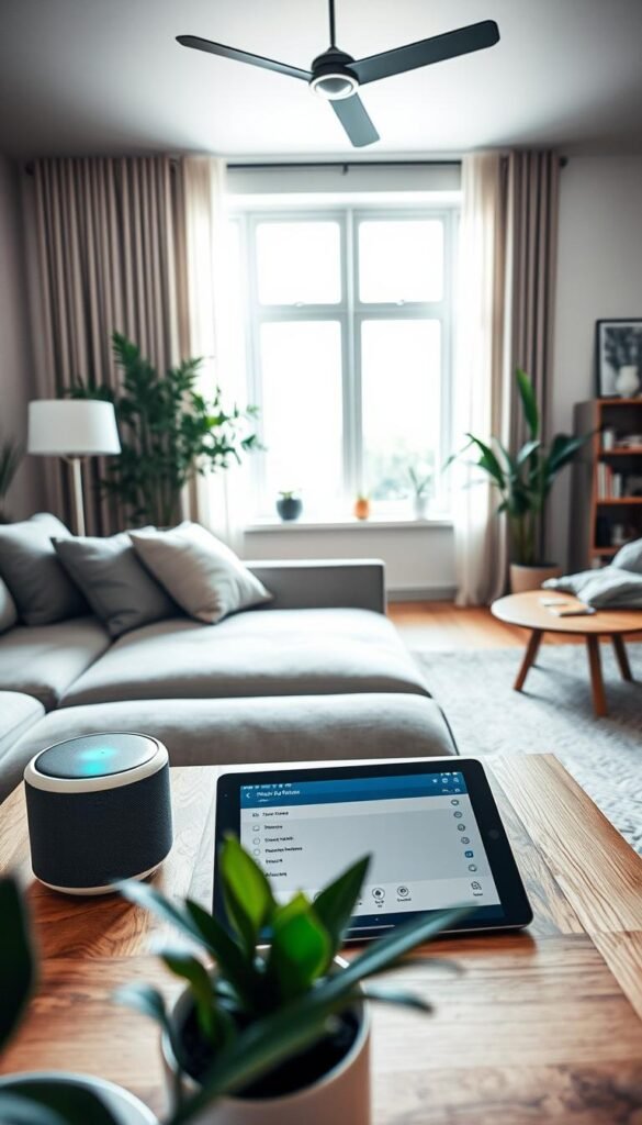 A modern living room filled with day-to-day convenience, featuring a sleek, stylish couch complemented by smart home devices like a voice-controlled speaker, a smart lighting system, and a tablet on a coffee table displaying home automation settings. In the foreground, a potted plant adds a touch of greenery. The middle section emphasizes a well-organized space with a large window allowing natural light to flood in, which enhances the warm, inviting atmosphere. In the background, a cozy bookshelf and wall art create a sense of personality and comfort. The lighting is soft and diffused, capturing an airy feel, while the angle is slightly elevated to showcase the harmonious blend of technology and leisure. The overall mood is relaxed and contemporary, suited for the brand GoodHomeFinds.