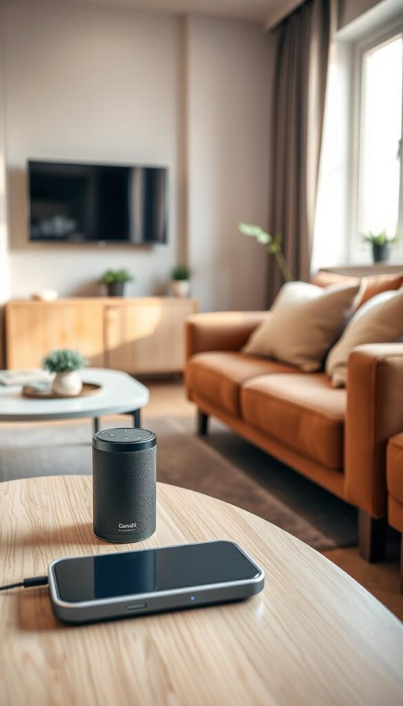 A modern living room in a small apartment featuring sleek and compact technology gadgets. In the foreground, a stylish, minimalistic coffee table holds a wireless charging pad and an elegant smart speaker. The middle ground showcases a cozy sofa with tasteful cushions, a smart TV mounted on the wall, and a small indoor plant, creating an inviting atmosphere. The background reveals a window with soft natural light filtering in, highlighting the clean, modern decor. The overall mood is warm and functional, demonstrating a harmonious blend of technology and comfort. The lens focus is sharp on the gadgets, with a slight bokeh effect in the background for depth. This scene embodies the essence of "GoodHomeFinds," showcasing how to maximize tech in limited spaces.