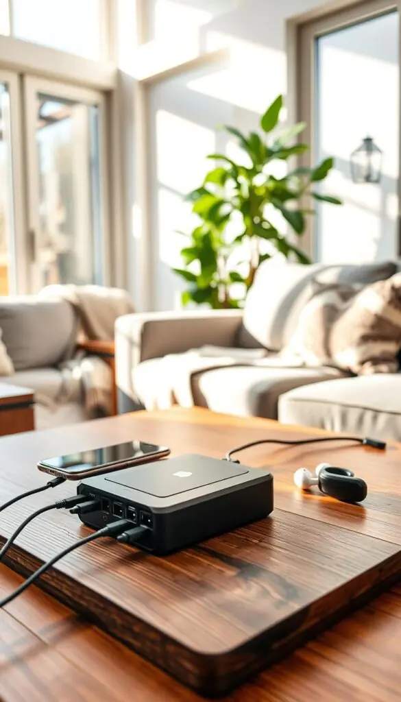 A modern living room scene focusing on a sleek, stylish charging station set on a wooden coffee table. In the foreground, highlight the charging station with multiple USB ports, surrounded by a few everyday gadgets like a smartphone, smartwatch, and wireless earbuds, all plugged in and charging. The middle ground features a cozy couch with a soft throw blanket and a decorative cushion, while natural light filters through large windows, casting warm shadows. In the background, a lush houseplant adds a touch of greenery to the space. The mood is calm and inviting, suggesting ease and convenience. Use bright, vibrant colors to convey a cheerful atmosphere. The image should evoke a Pinterest-inspired lifestyle photo aesthetic without any text or watermarks. GoodHomeFinds.