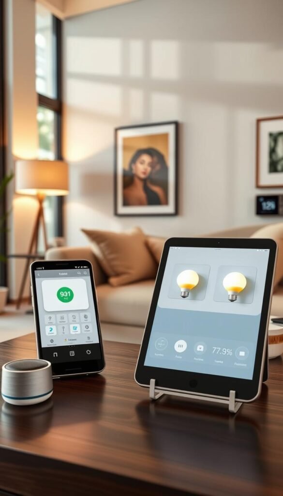 A modern living room scene illustrating smart home compatibility, featuring various smart gadgets seamlessly integrated into the environment. In the foreground, a sleek tablet displaying a home automation app in a user-friendly interface, alongside a modern smart speaker. The middle ground shows a stylish sofa with smart light bulbs embedded into elegant lamps, casting a warm glow, and smart plugs visible in the wall outlets. The background includes a smart thermostat and framed artwork, creating a cozy yet tech-savvy atmosphere. The room is well-lit with natural light streaming through large windows, enhancing a relaxed and inviting feel. Capture this lifestyle image in a high-resolution, Pinterest-style photo, ensuring the aesthetics align with the brand "GoodHomeFinds".