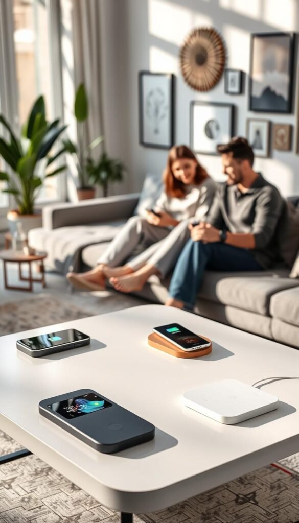A modern living room scene showcasing a collection of stylish wireless chargers designed for families in 2026. In the foreground, elegant wireless charging pads in various colors - sleek black, white, and pastel shades - are placed on a minimalist coffee table, with smartphones and smartwatches resting on them, showing their compatibility. The middle ground features a cozy family gathering, enhancing the atmosphere with soft, natural lighting that filters through large windows. In the background, contemporary decor elements like houseplants and artful wall decorations create a warm and inviting ambiance. Capture the essence of convenience and modern technology in this Pinterest-style lifestyle photo, highlighting the brand "GoodHomeFinds" subtly within the setting. Soft focus on the chargers emphasizes their design sophistication while maintaining clarity in the family interaction.