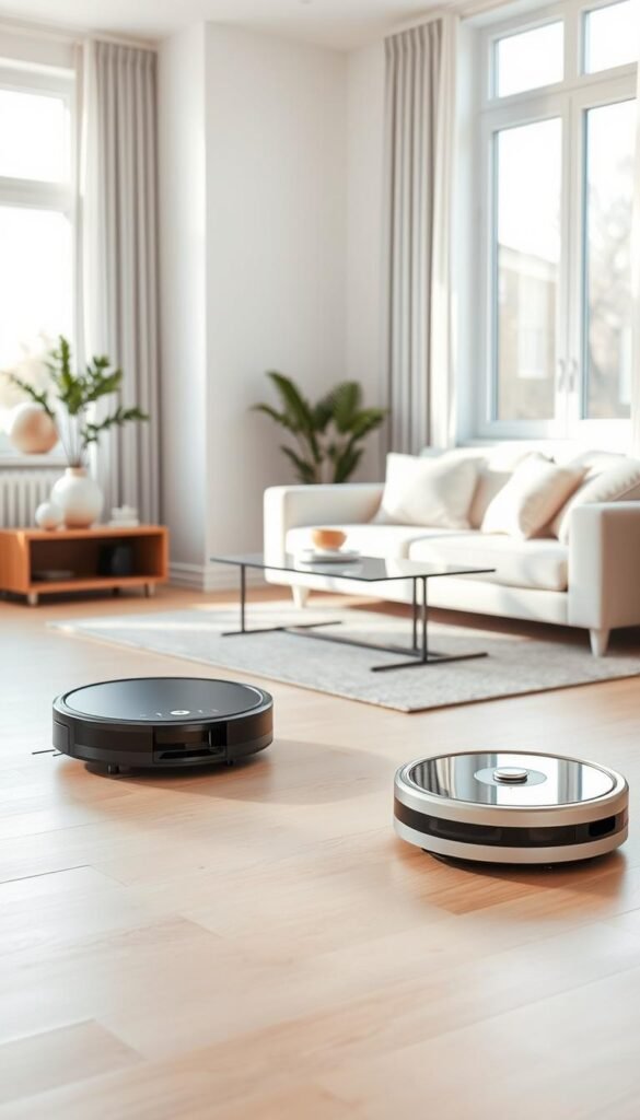 A modern living room scene showcasing sleek, high-tech robot vacuums from GoodHomeFinds, elegantly navigating light hardwood floors. In the foreground, two different models of robot vacuums are prominently displayed, one sleek and circular, the other rectangular with a glossy finish. The middle ground features a cozy sofa adorned with soft cushions and a coffee table with minimalistic decor. In the background, large windows let in soft, natural light, highlighting the cleanliness and spaciousness of the apartment. The atmosphere conveys tranquility and efficiency, with a sense of everyday practicality. The lighting is bright yet warm, creating a welcoming vibe. The scene is devoid of any people or text, focusing solely on the gadgets in a stylish home setting.