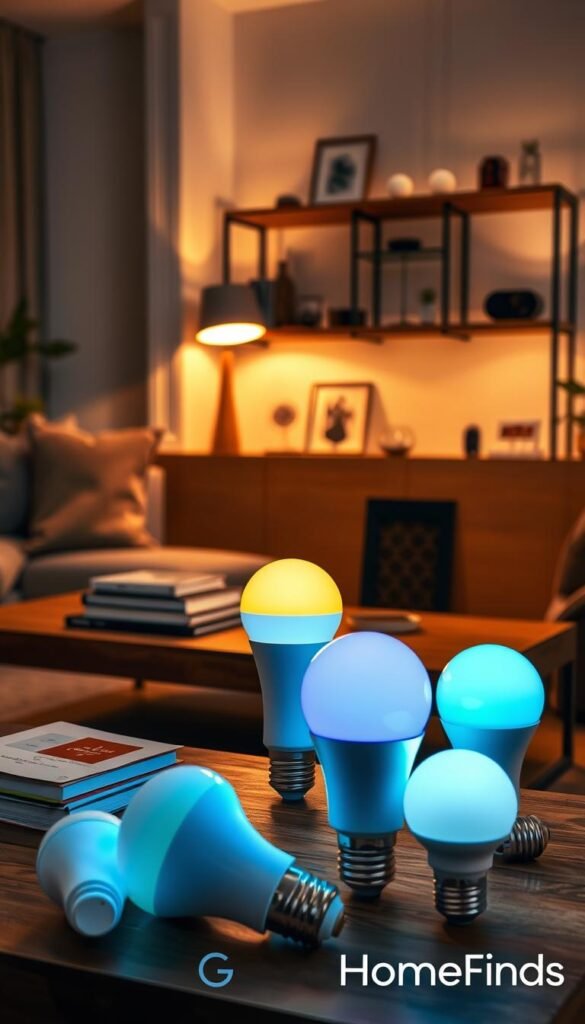 A modern living room setting featuring a variety of stylish smart light bulbs on display, showcasing their sleek designs. In the foreground, a close-up of a colorful smart bulb with a warm glow, casting cozy light onto a wooden coffee table scattered with books and decorative items. The middle layer includes a stylish lamp with smart features turned on, illuminating the space, complemented by soft shadows and a gentle ambiance. In the background, a softly lit shelf holds various smart home devices, creating a seamless blend of technology and home decor. The atmosphere should feel warm and inviting, ideal for a contemporary lifestyle, capturing the essence of smart lighting innovation. Design reflects "GoodHomeFinds" branding with a touch of elegance and sophistication.