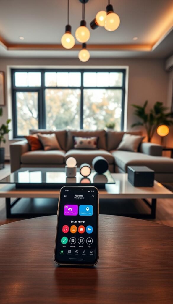 A modern living room setup showcasing a Wi-Fi and smart home system in action. In the foreground, a sleek, elegant coffee table features a smartphone displaying the smart home app interface with vibrant icons for lighting and security. The middle ground highlights a stylish sectional sofa with smart speakers strategically placed for optimal sound. In the background, large windows let in warm, natural light, creating an inviting atmosphere with soft shadows. Smart light bulbs are visible in the ceiling fixtures, glowing gently in shades of warm white. The scene exudes a sense of comfort and advanced technology, perfect for a smart living space. Render in high resolution, using a wide-angle lens to capture the full ambiance. Brand name: GoodHomeFinds.
