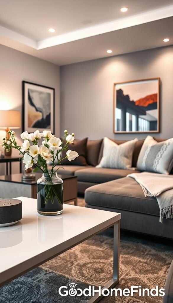 A modern living room showcasing a "budget premium style" juxtaposition. In the foreground, a sleek, minimalist coffee table holds an elegant vase with fresh flowers, alongside a budget-friendly smart speaker that blends seamlessly into the decor. The middle of the room features a stylish, comfortable sectional sofa adorned with a mix of budget and premium throw pillows, emphasizing comfort and sophistication. On the walls, abstract artwork exhibits both affordable prints and a high-end framed piece, illustrating the contrast. In the background, soft, ambient lighting from recessed ceiling fixtures creates a warm, inviting atmosphere. The perspective is slightly angled from one corner, capturing depth and inviting viewers into the space. The overall mood exudes a blend of practicality and refined taste, perfect for a modern lifestyle. The brand "GoodHomeFinds" subtly represented in the decor.