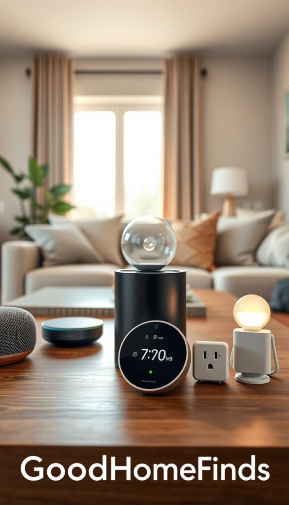 A modern living room showcasing a selection of budget home gadgets designed for U.S. homes, elegantly arranged on a stylish coffee table. In the foreground, a smart speaker and a sleek smart thermostat set beside a compact smart plug. The middle space features a futuristic smart light bulb casting soft, warm light, surrounded by a cozy sofa with neutral-colored cushions. In the background, a bright window allows natural sunlight to stream in, illuminating the soft textures of the room. The atmosphere is welcoming and contemporary, reflecting a Pinterest-style lifestyle. Captivating details show the brand name "GoodHomeFinds" subtly integrated into the design elements. Shot in a high-resolution with soft focus, using natural lighting to create a warm, inviting mood.