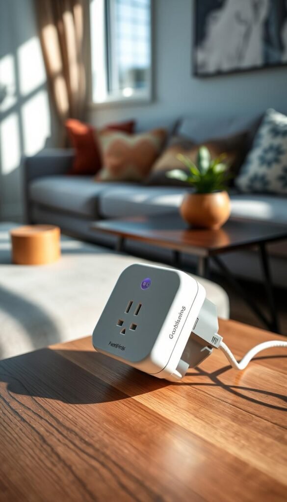 A modern living room showcasing a sleek and stylish smart plug on a wooden side table. The focus is on the smart plug with a soft glow emanating from its LED indicator, suggesting it's in use. In the background, a cozy sofa adorned with colorful cushions and a low coffee table with a potted plant sets a warm, inviting atmosphere. Natural light filters through a nearby window, casting soft shadows. The composition emphasizes functionality and the effortless integration of technology in home decor. Captured with a shallow depth of field to highlight the smart plug, while maintaining a balanced, Pinterest-style aesthetic. Brand logo "GoodHomeFinds" subtly visible on the plug for branding authenticity.